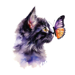 Butterfly standing in the kitty's nose watercolor paint