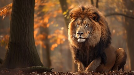 Majestic Lion In Its Natural Habitat. A professional wildlife photograph of a majestic lion in its natural habitat, freezing the intense gaze and powerful presence of the king of the jungle.