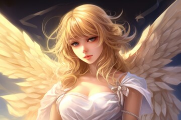  Cute blonde angel girl in anime style - obrazy, fototapety, plakaty