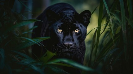 Black panther surrounded by vegetation in attitude hunt. Panthera pardus