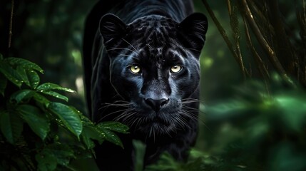 Obraz premium Black panther surrounded by vegetation in attitude hunt. Panthera pardus