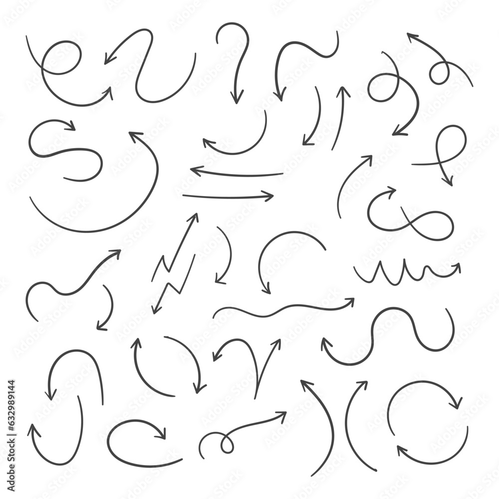 Fototapete Hand drawn arrows collection Set simple flat arrows isolated on white background. Arrow mark icons and arrow paint. Stock vector. EPS10.