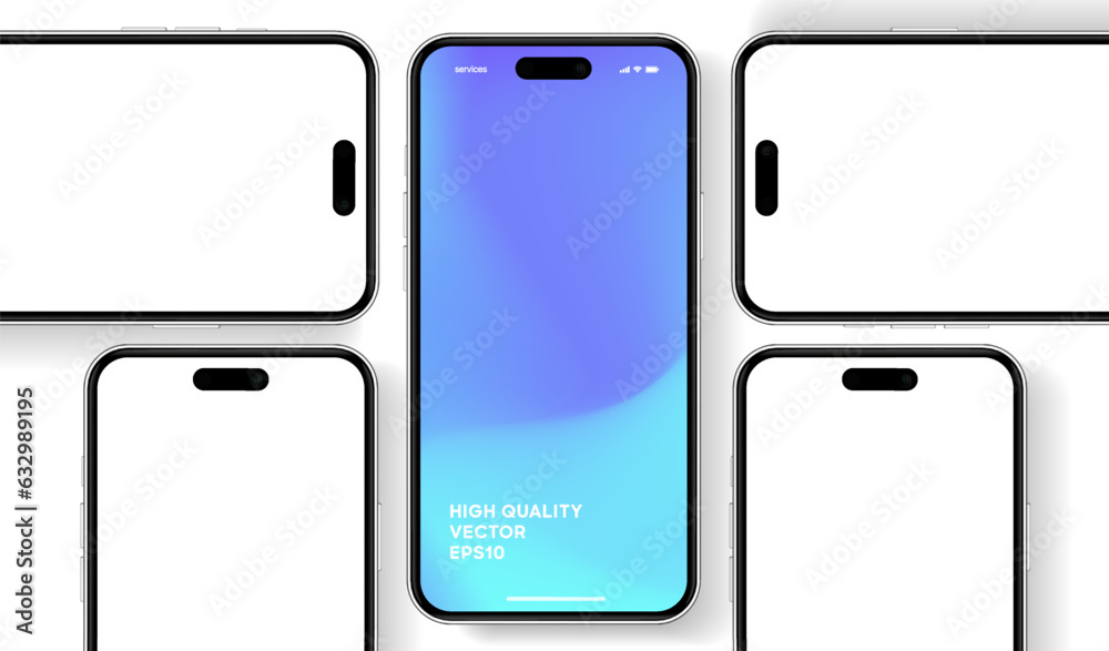 Poster 3D realistic high quality smartphone mockup with isolated background. Smart phone mockup collection. Device front view. 3D mobile phone with shadow on white background.