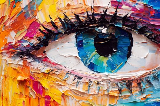 “Fluorite” oil painting. Conceptual abstract picture of the eye. Oil painting in colorful colors. Conceptual abstract closeup of an oil painting and palette knife on canvas. © MstAsma