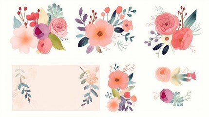 Beautiful romantic floral collection with flowers, leaves, floral bouquets, flower compositions. Save the Date cards, Generative AI