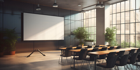 conference room in an office Projector screen canvas in modern conference room with big windows and turned on projector Interior of an empty conference hall with black chairs, flipcharts 