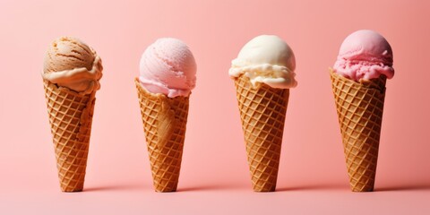 Delicious, appetizing ice cream in a cone, close-up. Generative AI