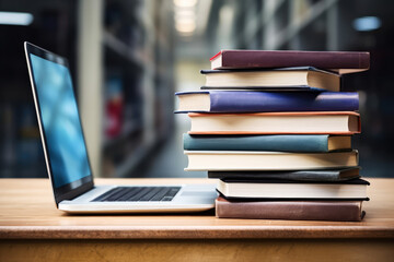 Stack of books with laptop on wooden table, back to school concept
