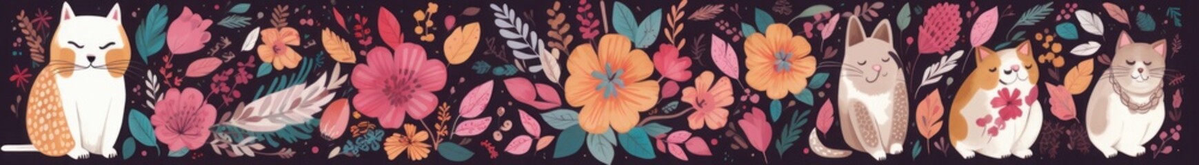 Beautiful romantic floral collection with cat,  flowers, leaves, floral bouquets, flower compositions, Generative AI