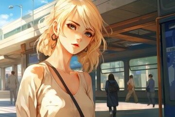  Cute young blonde anime girl near the bus station