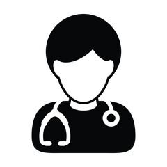 Doctor icon vector male person profile avatar with stethoscope for medical consultation in Glyph Pictogram illustration