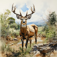 a stag standing in the grass, in the style of watercolor realistic paint.