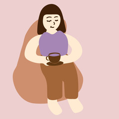 Time to relax. Girl enjoying coffee while sitting in cozy sofa. flat style vector design illustration. - 632990956