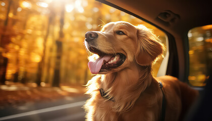 A dog looks out of a car window on an autumn day