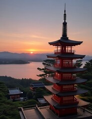 Naklejka premium sunset over the pagoda
