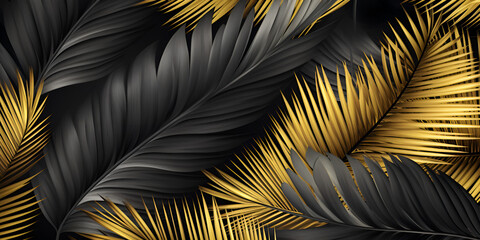 A black and gold tropical background with palm leaves. Black and gold tropical leaves background A black background with a golden palm leaf  - obrazy, fototapety, plakaty