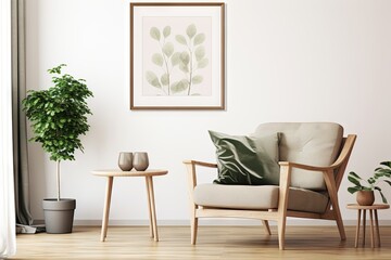 A trendy living room design featuring a simulated poster frame, a wooden armchair, plants, and unique home decor items. The wall is adorned with Eucalyptus leaves, and the room is displayed for home