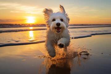 White dog dashing across the sandy shore as the sun sets in a spectacular burst of colors. Ai generated