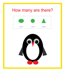 Math activity for kids. How many geometric shapes? Vector illustration of cartoon penguin.