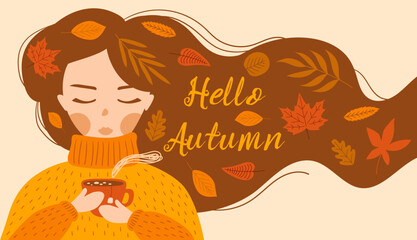 Cute girl in a yellow sweater drinks a cup of tea or coffee with autumn leaves. Hello autumn. Vector illustrations