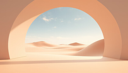 abstract modern minimal background with archway on desert landscape, gates and sand dunes