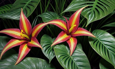 A Photo Realistic Image of Two Red and Yellow Daylilies with Green Leaves in the Background