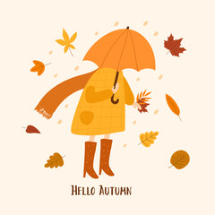 Hello autumn poster with beautiful  leaves. Hand draw vector illustration. - 632992179
