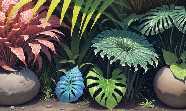 A Digital Illustration of a Tropical Garden Scene with Large, Colorful Leaves and Plants in Round Pots on a Dark Jungle Background