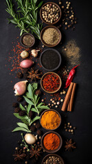 Fototapeta na wymiar Top View Wide Variety Spices and Herbs on Background of Black Table