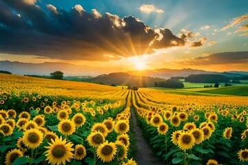 field of sunflowers and sunset generated by AI tool