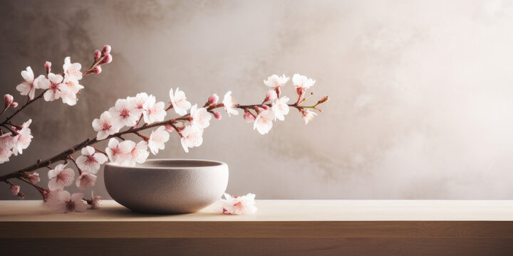 Cherry blossoms in a luxury spa scene, Zen inspired background with large space for text