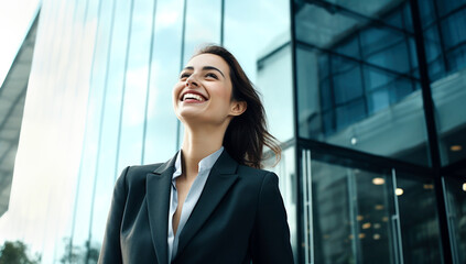 Close up portrait of middle ages professional business woman smiling outdoors business center. Smiling mature lady on an urban background. Generated with AI