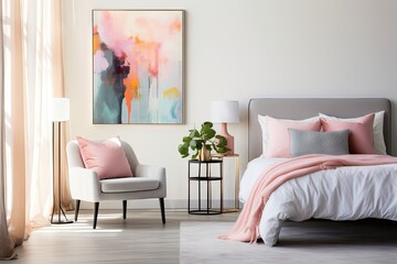 Bright bedroom with a metal table holding a designer chair and accompanied by pink pillows, posters, and a lamp placed beside the bed.