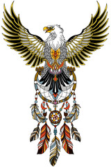 Eagle with wings spread and holding native Indian dreamcatcher, head turned in profile. Front view, vertical. Traditional tattoo. Vector illustration