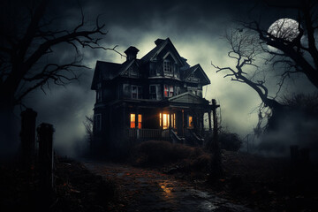 Illustration capturing the ominous atmosphere of a decrepit and haunted mansion, shrouded in darkness and mystery. Ai generated