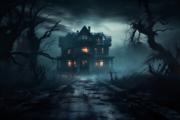 Illustration capturing the ominous atmosphere of a decrepit and haunted mansion, shrouded in darkness and mystery. Ai generated