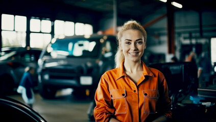 A woman repairing a car at a service station. Generated with AI