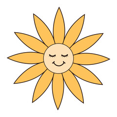 Fototapeta premium Retro groovy daisy flower character. Linear color vector illustration