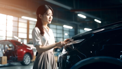 Fototapeta na wymiar Asian woman repairing a car at a service station. Generated with AI