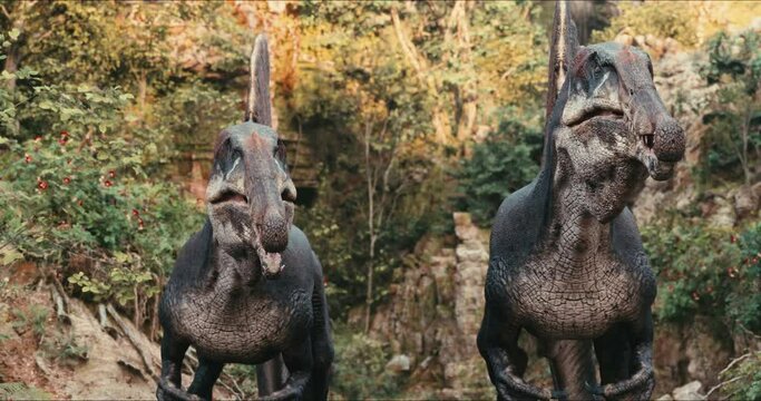 Spinosaurus dinosaurus hunts. A dinosaur in search of prey.