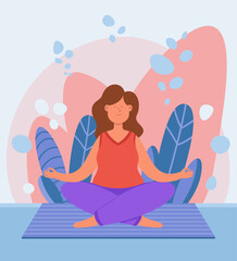 Relaxed woman meditating on carpet vector illustration. Happy girl doing yoga, regulating emotions and breathing deeply, practicing mindfulness. Emotional regulation, meditation concept