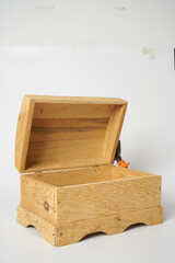A wooden chest box on a white background
