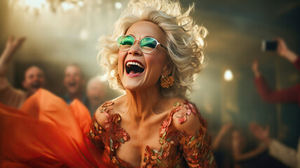 Obraz na płótnie Canvas Eccentric senior woman having fun in a crazy party, generative ai