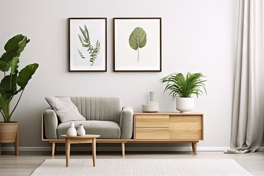 A contemporary Scandinavian home interior is featured with a mock up photo frame, a sleek wooden dresser, a large cement letter, a tropical leaf, a gray sofa, and various personal accessories. The