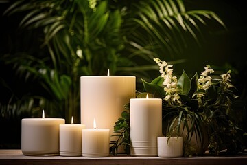 Exquisite candles, ablaze and emitting a warm glow, accompanied by lush green foliage arranged in a vase upon a pristine white table.