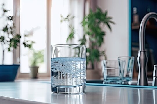 A clear glass of purified water and water filters can be seen in the background. This represents a household filtration system.
