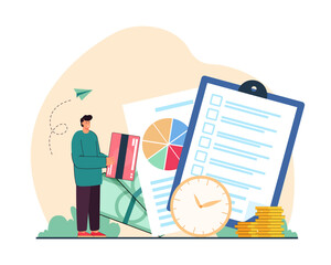 Happy man analyzing personal budget vector illustration. Credit card, bill document, credit report and money for financial independence. Personal finance management, financial education concept
