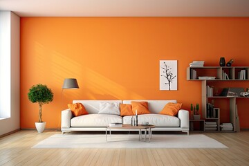 The living room is adorned with an orange color scheme, featuring orange walls and a background of...