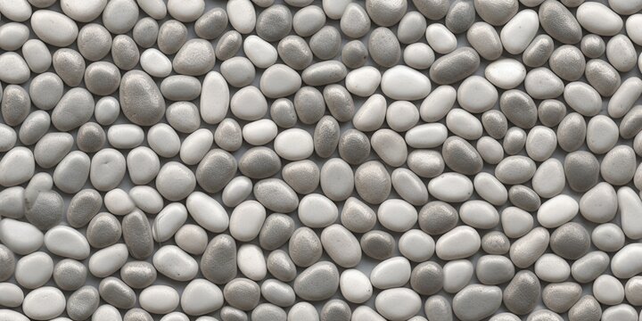 Seamless grey cobblestone background texture. Tileable shiny smooth beach or river stones wallpaper pattern. Vintage cottagecore walkway, floor or wall backdrop. High resolution, Generative AI