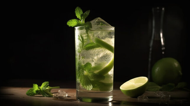 Virgin mojito long rum drink with fresh mint, lime juice, cane sugar and soda. Generative AI